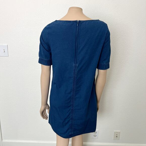 [COS] Blue Chambray Denim Half Sleeve Boat Neck Shift A-Line Mini Dress Size 6 - Picture 3 of 13